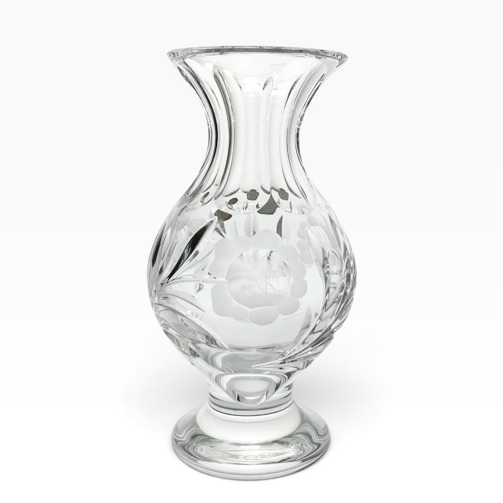 Vintage Nachtmann Footed Presentation Rose Flower Etched Vase 9.75” Bleikristall